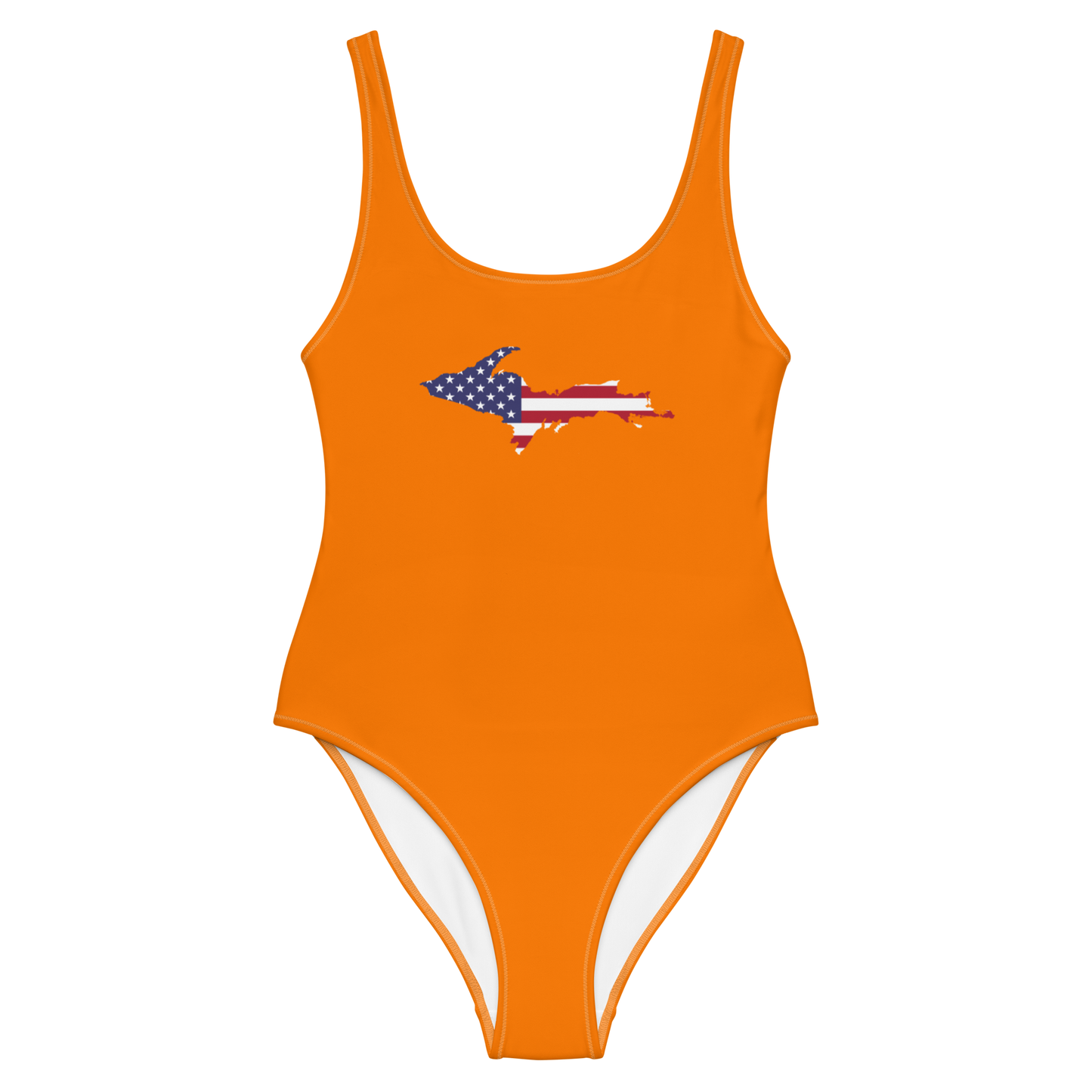 Michigan Upper Peninsula One-Piece Swimsuit (w/ UP USA Flag) | Maple Leaf Orange