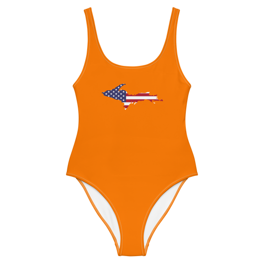 Michigan Upper Peninsula One-Piece Swimsuit (w/ UP USA Flag) | Maple Leaf Orange