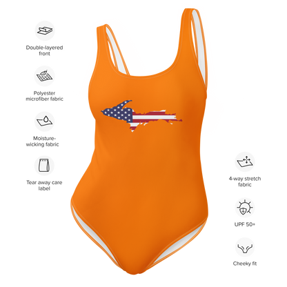 Michigan Upper Peninsula One-Piece Swimsuit (w/ UP USA Flag) | Maple Leaf Orange