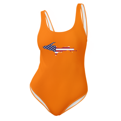 Michigan Upper Peninsula One-Piece Swimsuit (w/ UP USA Flag) | Maple Leaf Orange