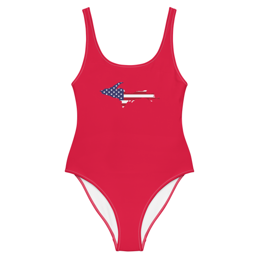 Michigan Upper Peninsula One-Piece Swimsuit (w/ UP USA Flag) | Lighthouse Red