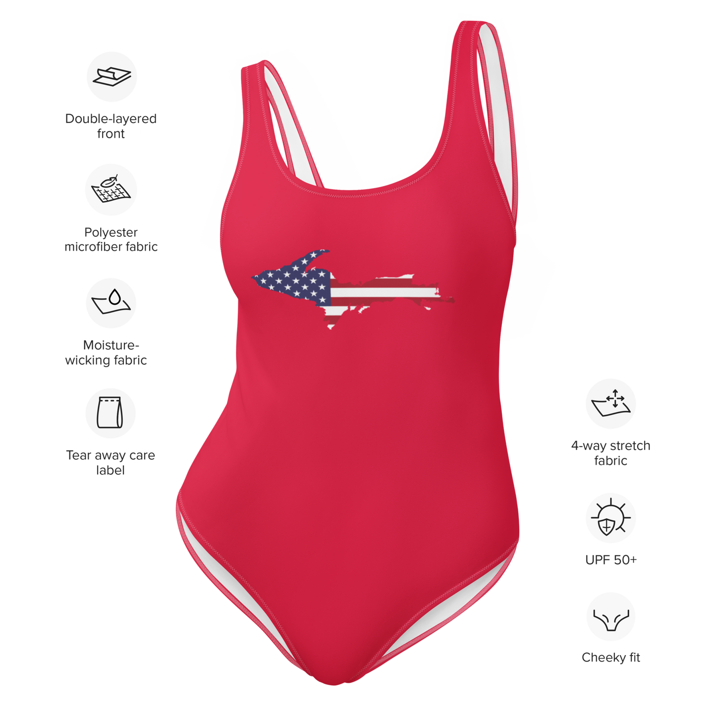 Michigan Upper Peninsula One-Piece Swimsuit (w/ UP USA Flag) | Lighthouse Red