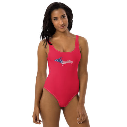 Michigan Upper Peninsula One-Piece Swimsuit (w/ UP USA Flag) | Lighthouse Red