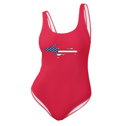 Michigan Upper Peninsula One-Piece Swimsuit (w/ UP USA Flag) | Lighthouse Red