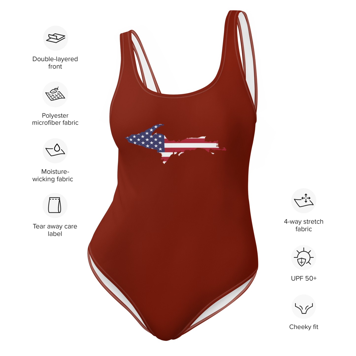 Michigan Upper Peninsula One-Piece Swimsuit (w/ UP USA Flag) | Cherryland Red