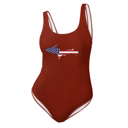 Michigan Upper Peninsula One-Piece Swimsuit (w/ UP USA Flag) | Cherryland Red