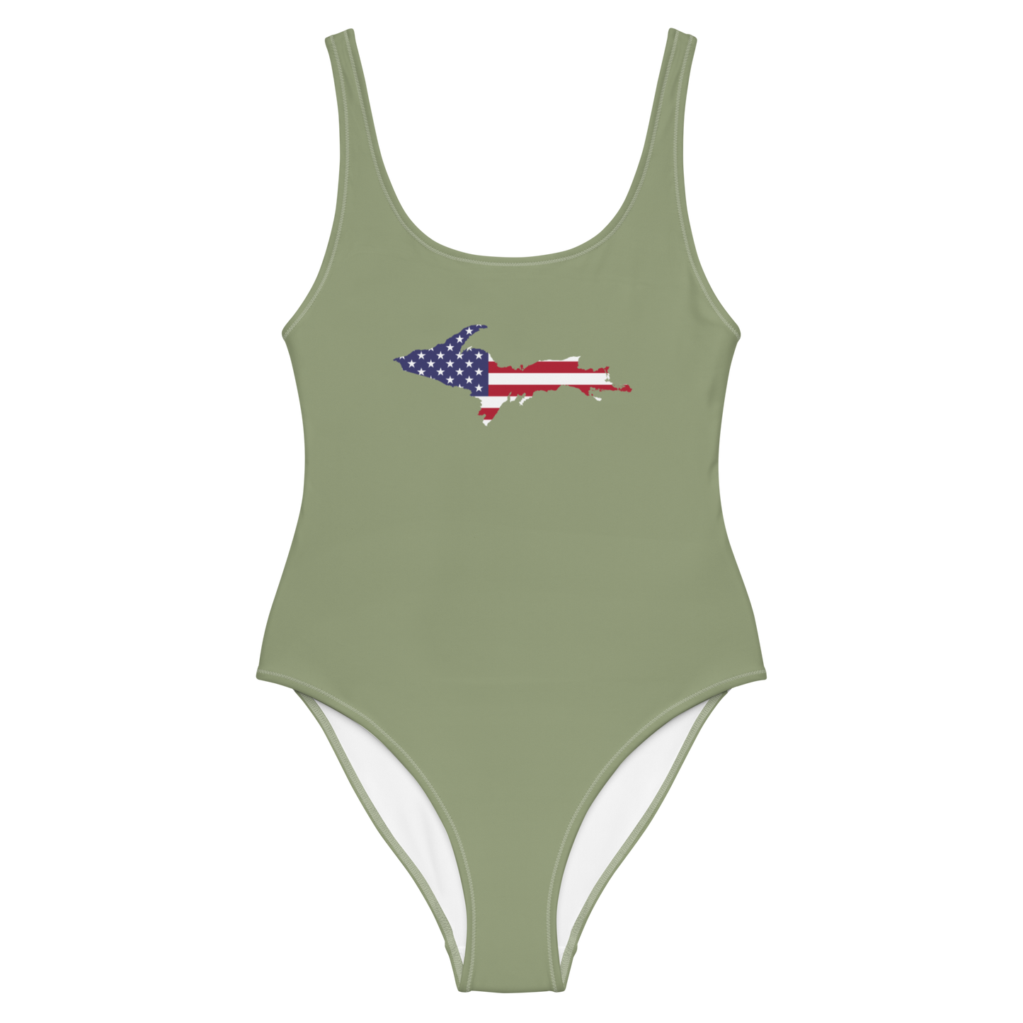 Michigan Upper Peninsula One-Piece Swimsuit (w/ UP USA Flag) | Beachgrass Green