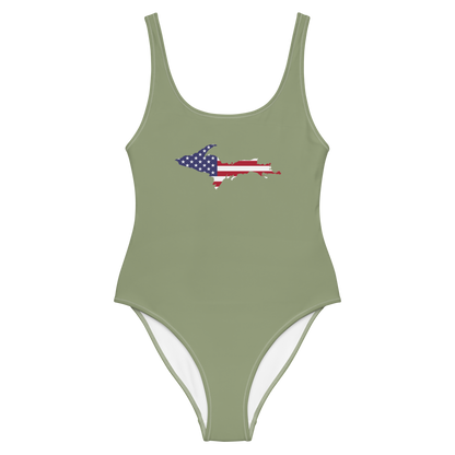 Michigan Upper Peninsula One-Piece Swimsuit (w/ UP USA Flag) | Beachgrass Green