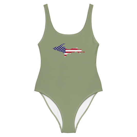 Michigan Upper Peninsula One-Piece Swimsuit (w/ UP USA Flag) | Beachgrass Green