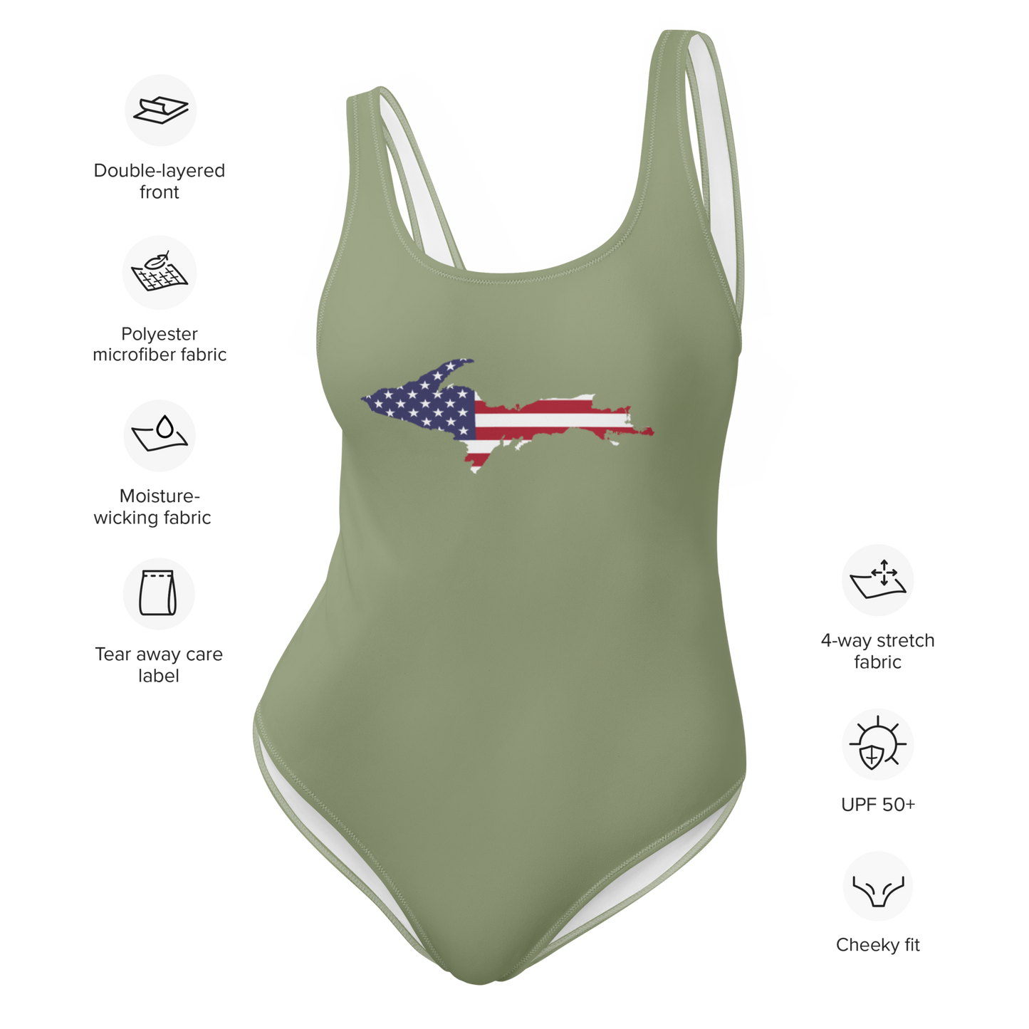 Michigan Upper Peninsula One-Piece Swimsuit (w/ UP USA Flag) | Beachgrass Green