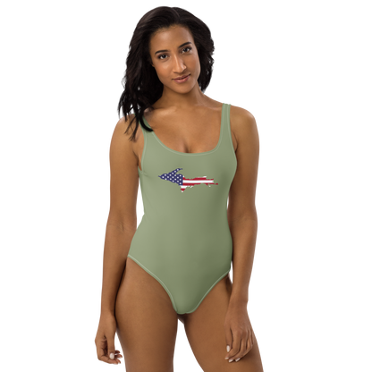 Michigan Upper Peninsula One-Piece Swimsuit (w/ UP USA Flag) | Beachgrass Green