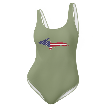 Michigan Upper Peninsula One-Piece Swimsuit (w/ UP USA Flag) | Beachgrass Green