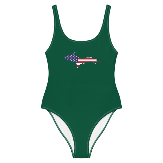 Michigan Upper Peninsula One-Piece Swimsuit (w/ UP USA Flag) | Superior Green