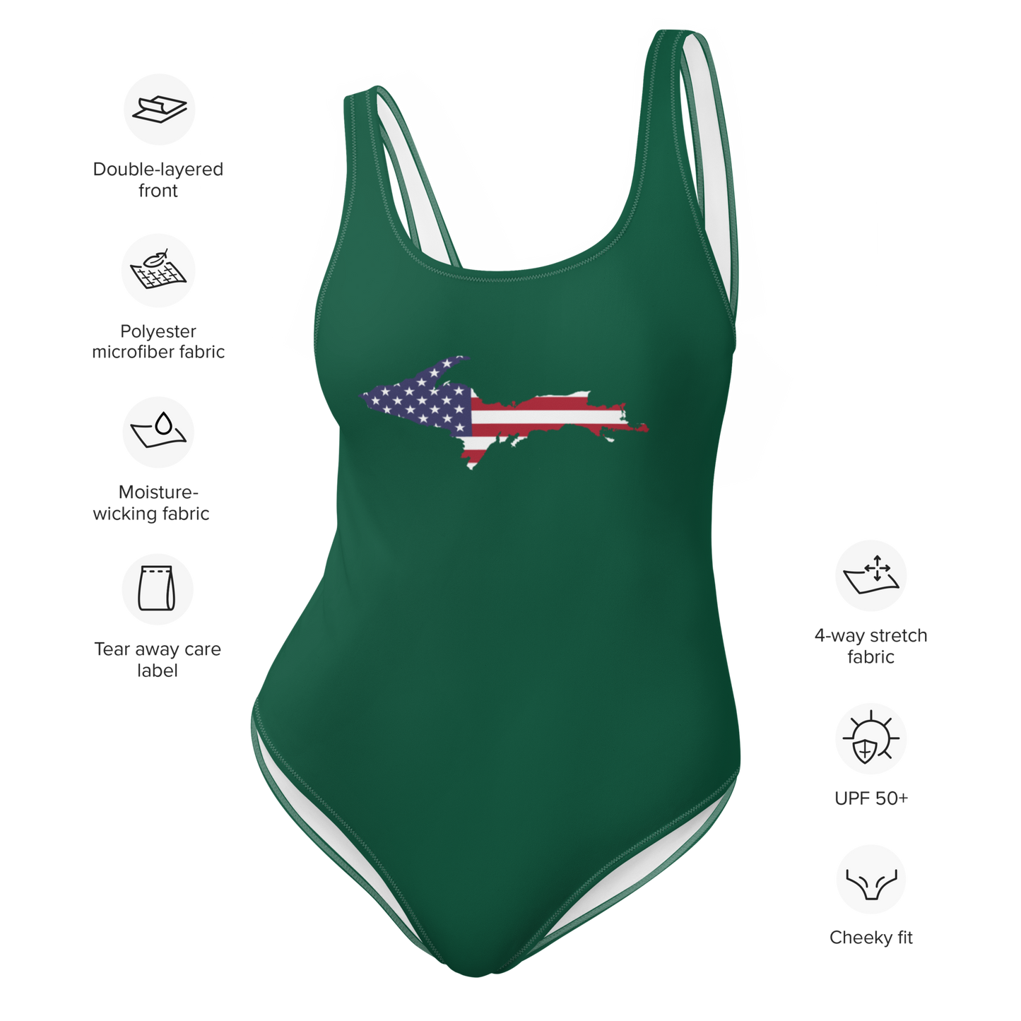 Michigan Upper Peninsula One-Piece Swimsuit (w/ UP USA Flag) | Superior Green