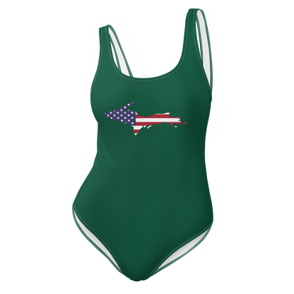 Michigan Upper Peninsula One-Piece Swimsuit (w/ UP USA Flag) | Superior Green