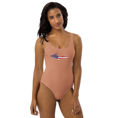 Michigan Upper Peninsula One-Piece Swimsuit (w/ UP USA Flag) | Copper Color