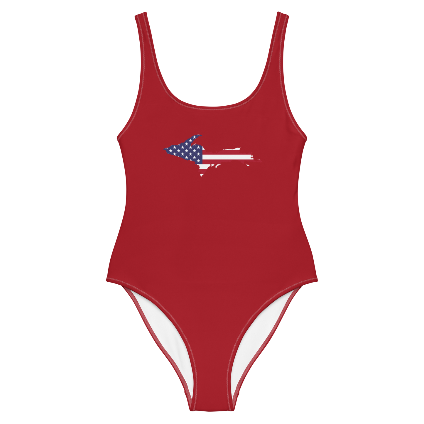 Michigan Upper Peninsula One-Piece Swimsuit (w/ UP USA Flag) | Thimbleberry Red