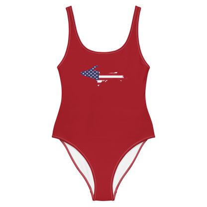 Michigan Upper Peninsula One-Piece Swimsuit (w/ UP USA Flag) | Thimbleberry Red