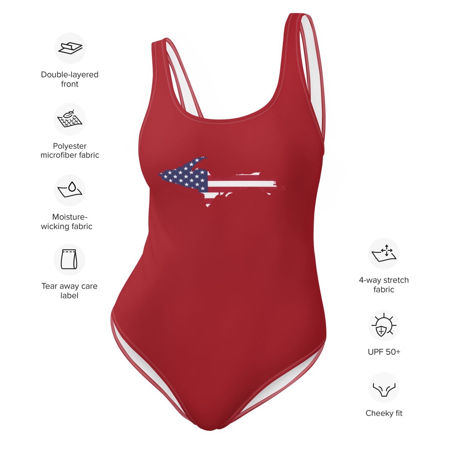 Michigan Upper Peninsula One-Piece Swimsuit (w/ UP USA Flag) | Thimbleberry Red