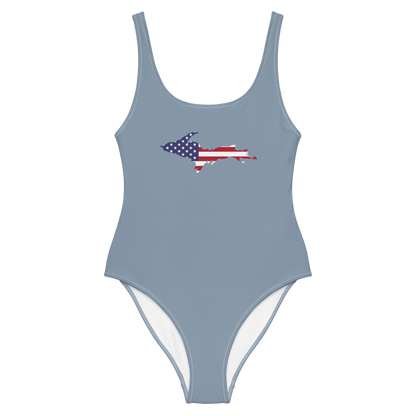 Michigan Upper Peninsula One-Piece Swimsuit (w/ UP USA Flag) | B-24 Grey