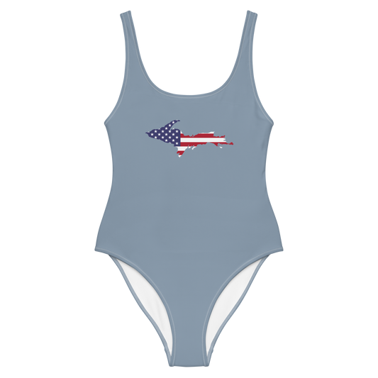 Michigan Upper Peninsula One-Piece Swimsuit (w/ UP USA Flag) | B-24 Grey