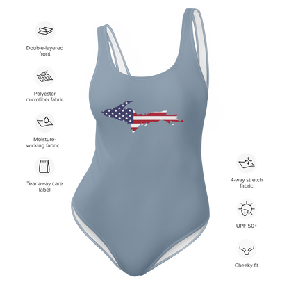 Michigan Upper Peninsula One-Piece Swimsuit (w/ UP USA Flag) | B-24 Grey