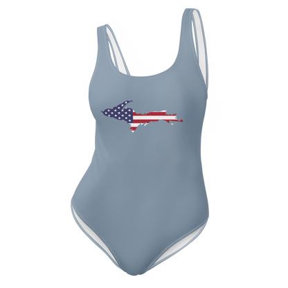 Michigan Upper Peninsula One-Piece Swimsuit (w/ UP USA Flag) | B-24 Grey