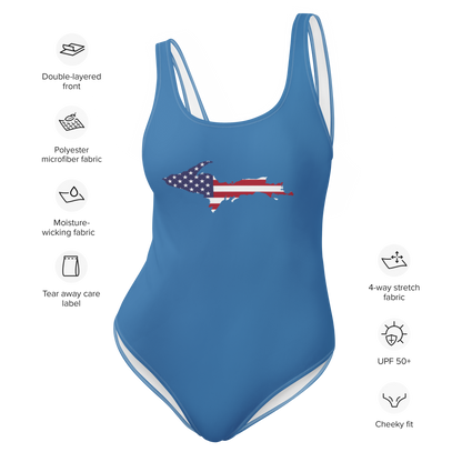 Michigan Upper Peninsula One-Piece Swimsuit (w/ UP USA Flag) | Lake Superior Blue