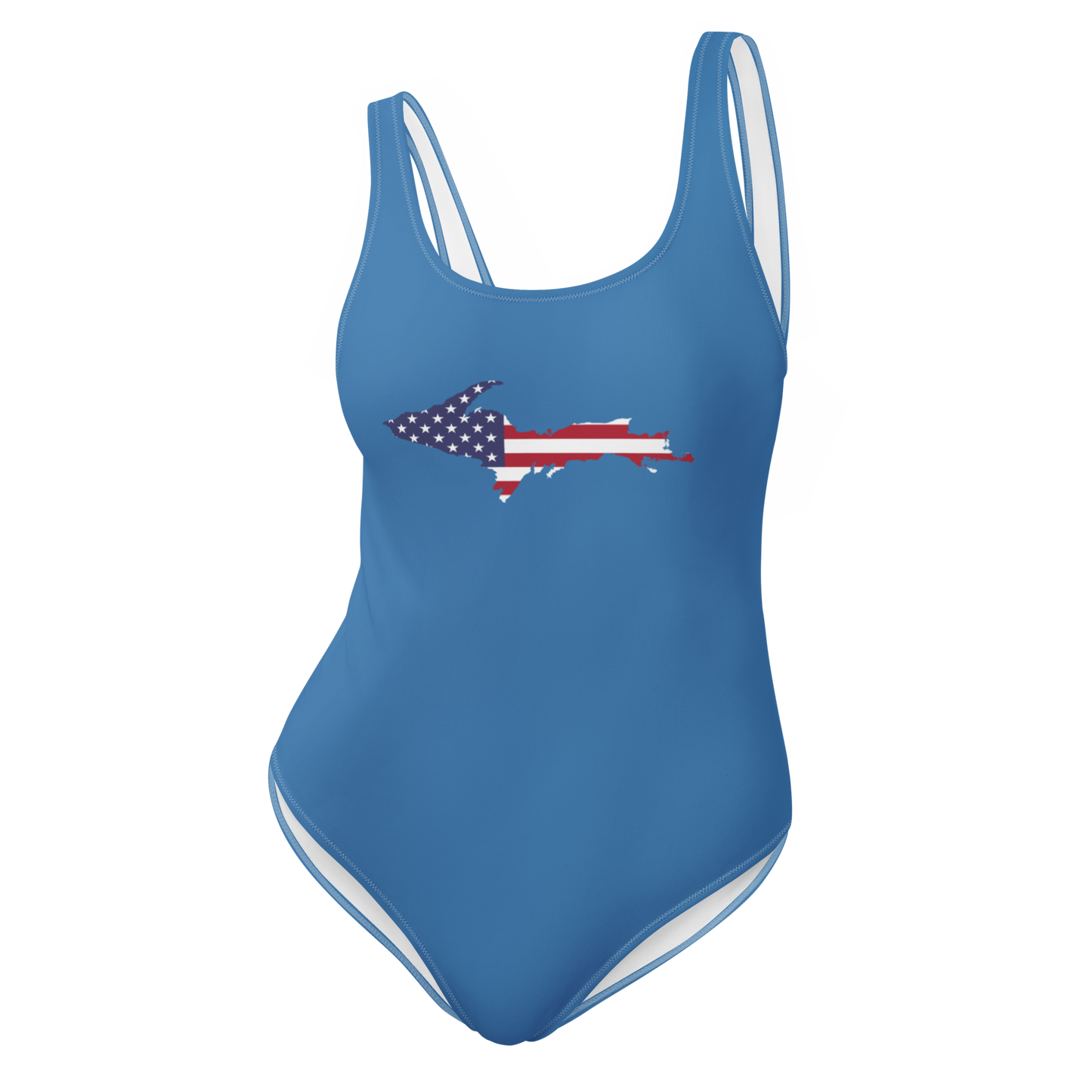 Michigan Upper Peninsula One-Piece Swimsuit (w/ UP USA Flag) | Lake Superior Blue