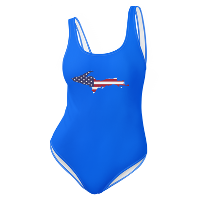 Michigan Upper Peninsula One-Piece Swimsuit (w/ UP USA Flag) | Motor Town Blue