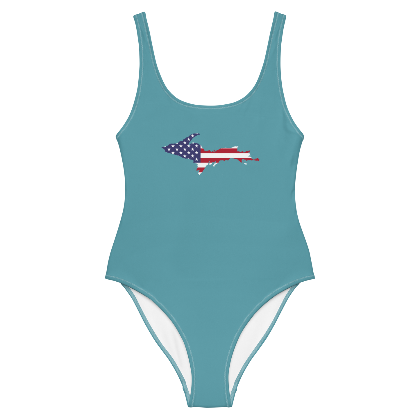 Michigan Upper Peninsula One-Piece Swimsuit (w/ UP USA Flag) | Lake Huron Blue