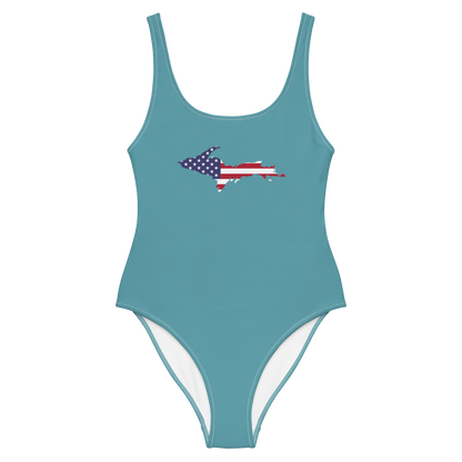 Michigan Upper Peninsula One-Piece Swimsuit (w/ UP USA Flag) | Lake Huron Blue