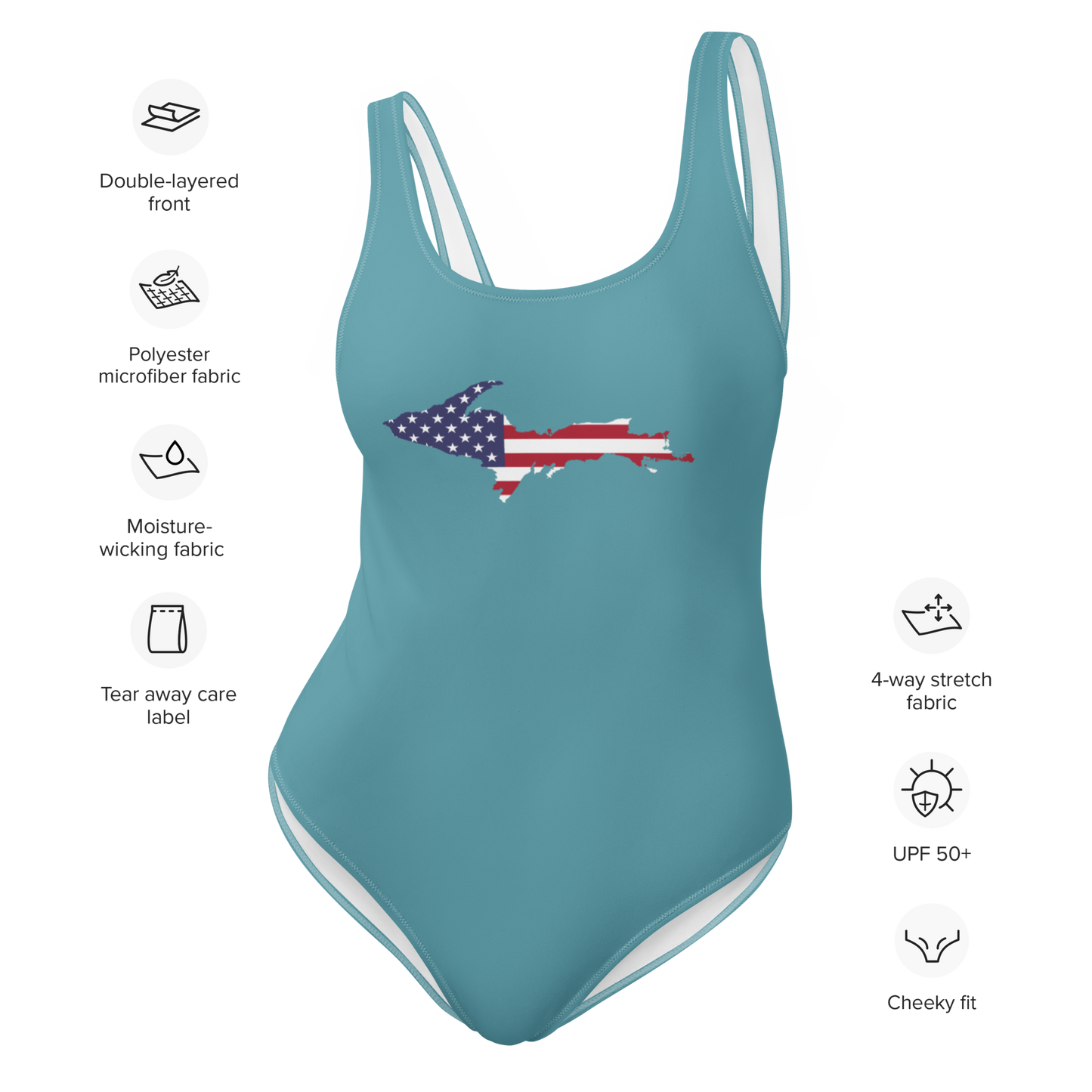 Michigan Upper Peninsula One-Piece Swimsuit (w/ UP USA Flag) | Lake Huron Blue