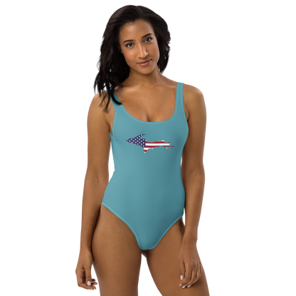 Michigan Upper Peninsula One-Piece Swimsuit (w/ UP USA Flag) | Lake Huron Blue