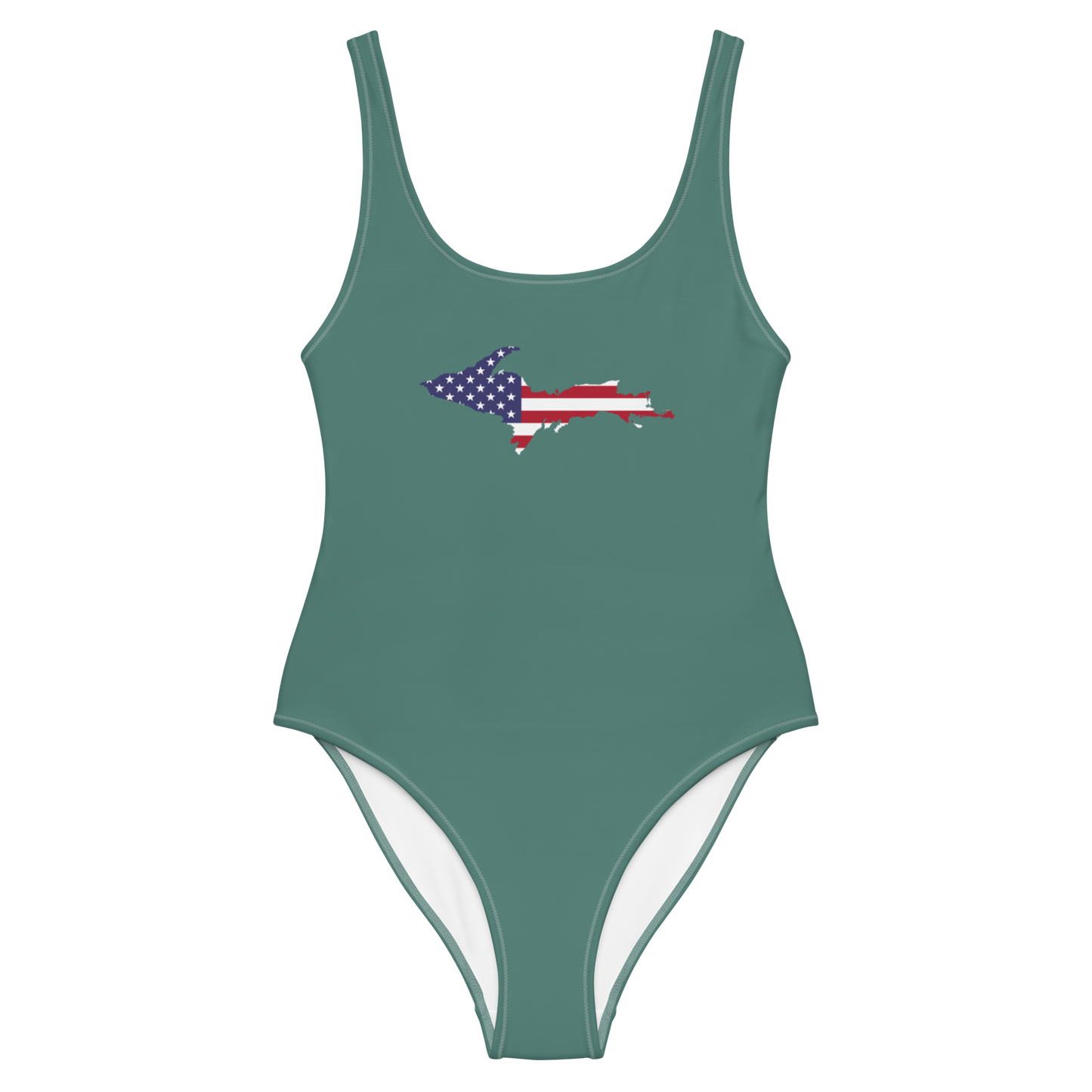 Michigan Upper Peninsula One-Piece Swimsuit (w/ UP USA Flag) | Copper Green