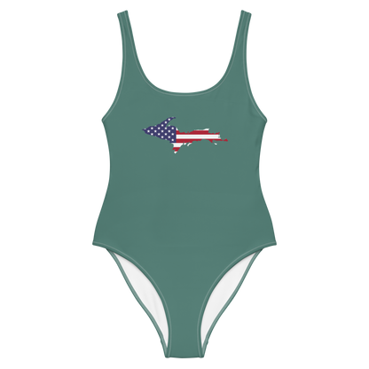 Michigan Upper Peninsula One-Piece Swimsuit (w/ UP USA Flag) | Copper Green