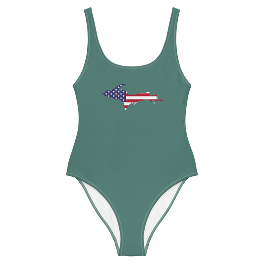 Michigan Upper Peninsula One-Piece Swimsuit (w/ UP USA Flag) | Copper Green