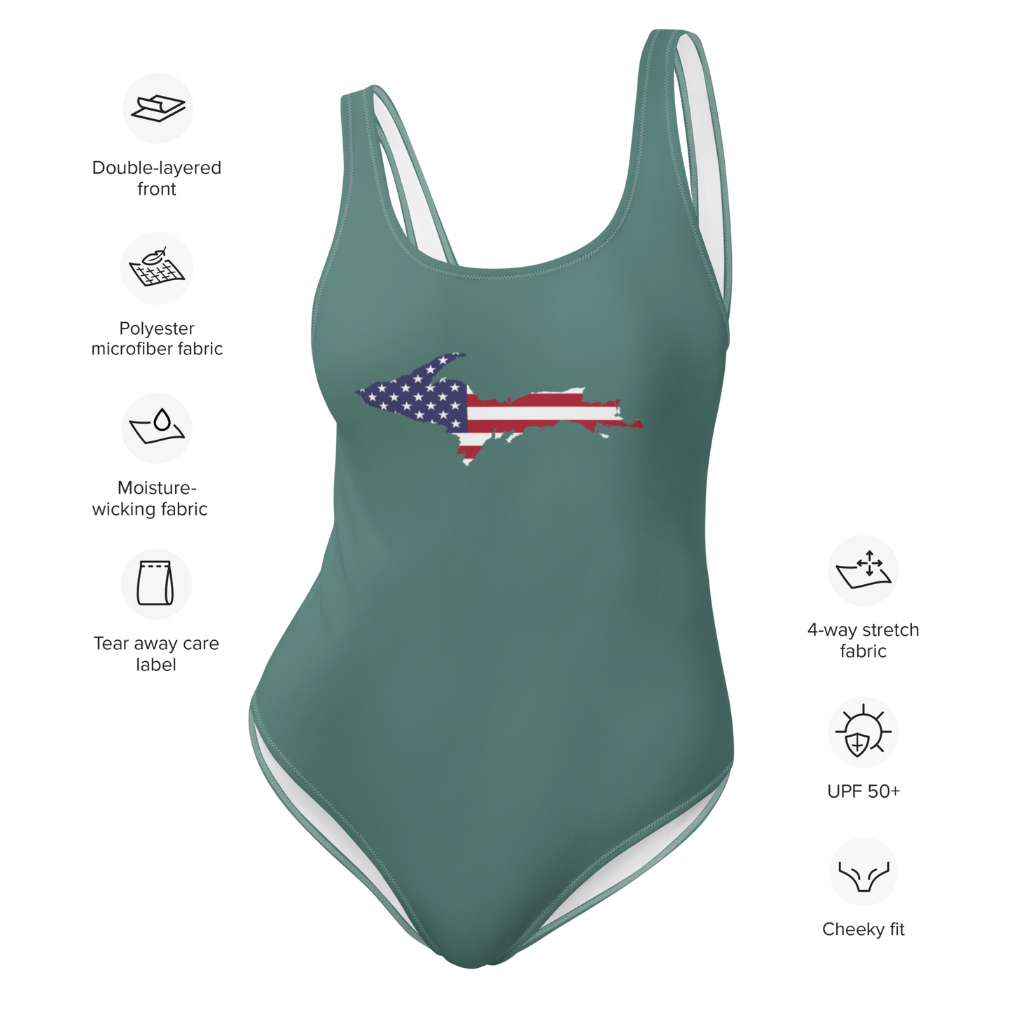 Michigan Upper Peninsula One-Piece Swimsuit (w/ UP USA Flag) | Copper Green