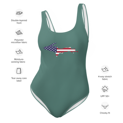 Michigan Upper Peninsula One-Piece Swimsuit (w/ UP USA Flag) | Copper Green