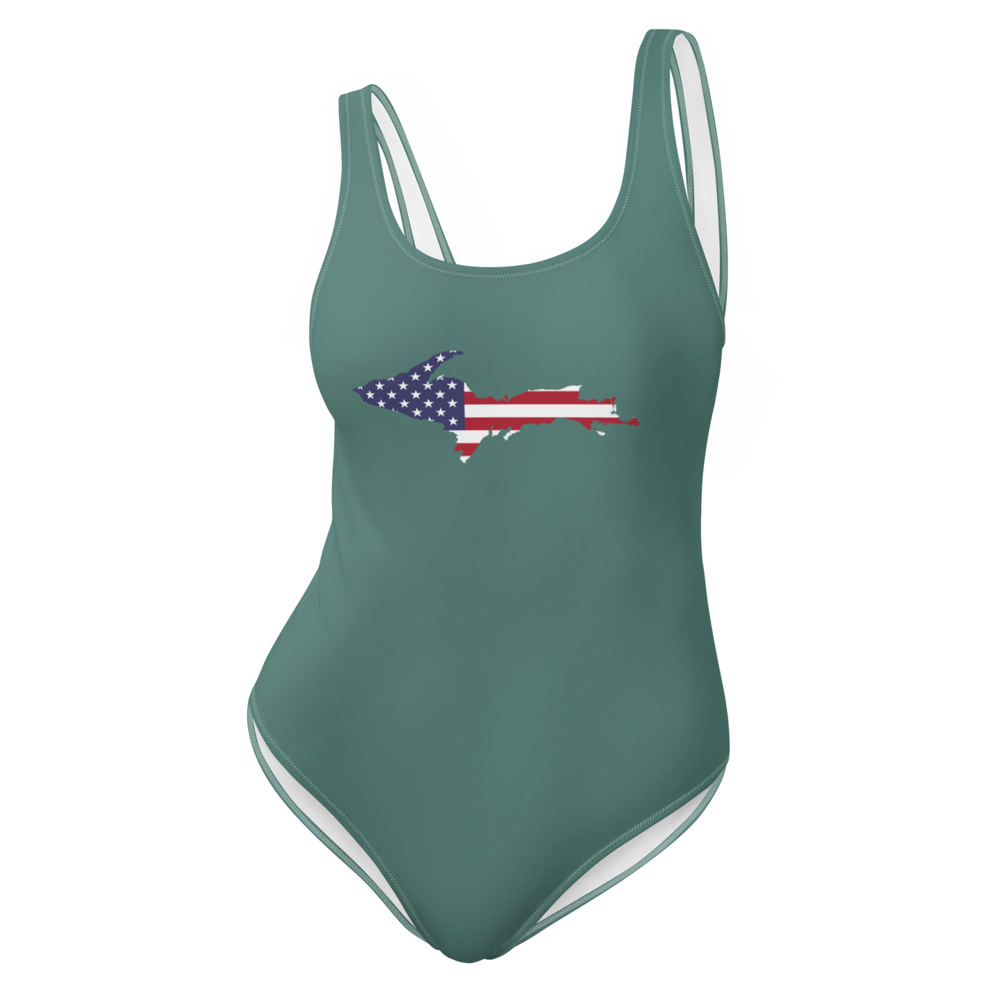 Michigan Upper Peninsula One-Piece Swimsuit (w/ UP USA Flag) | Copper Green