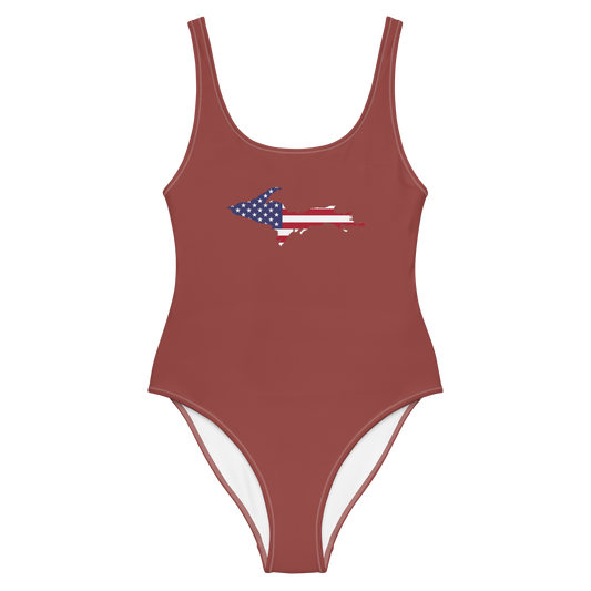 Michigan Upper Peninsula One-Piece Swimsuit (w/ UP USA Flag) | Ore Dock Red