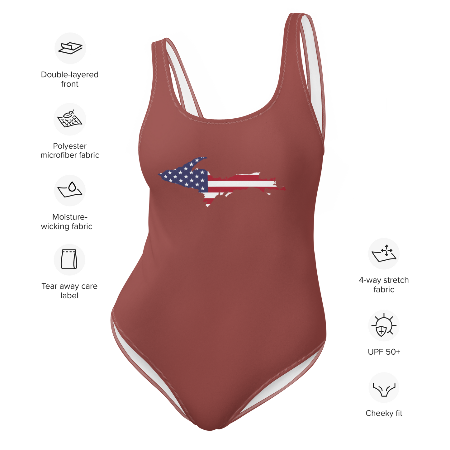 Michigan Upper Peninsula One-Piece Swimsuit (w/ UP USA Flag) | Ore Dock Red