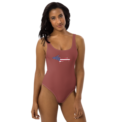 Michigan Upper Peninsula One-Piece Swimsuit (w/ UP USA Flag) | Ore Dock Red