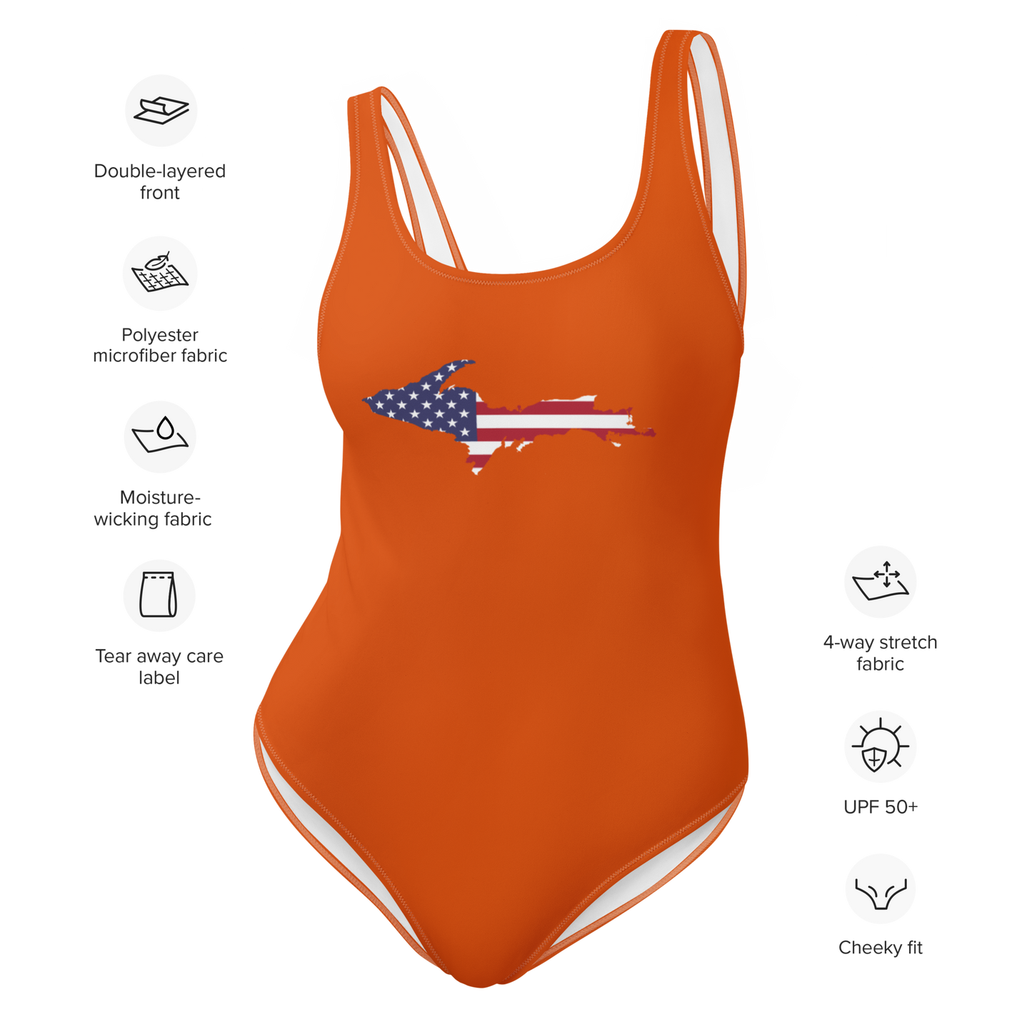 Michigan Upper Peninsula One-Piece Swimsuit (w/ UP USA Flag) | Maple Leaf Orange