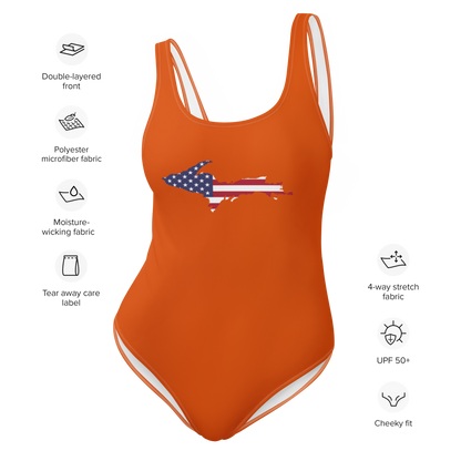 Michigan Upper Peninsula One-Piece Swimsuit (w/ UP USA Flag) | Maple Leaf Orange