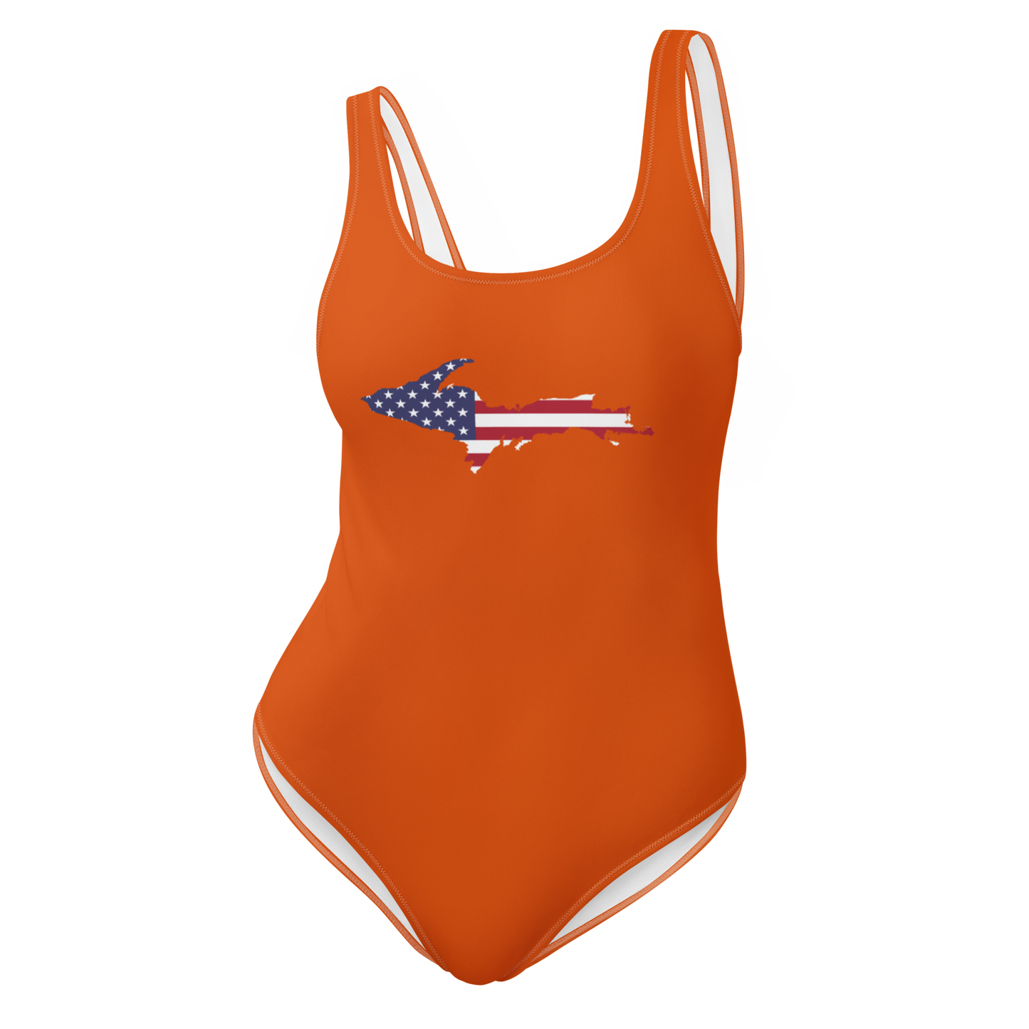 Michigan Upper Peninsula One-Piece Swimsuit (w/ UP USA Flag) | Maple Leaf Orange