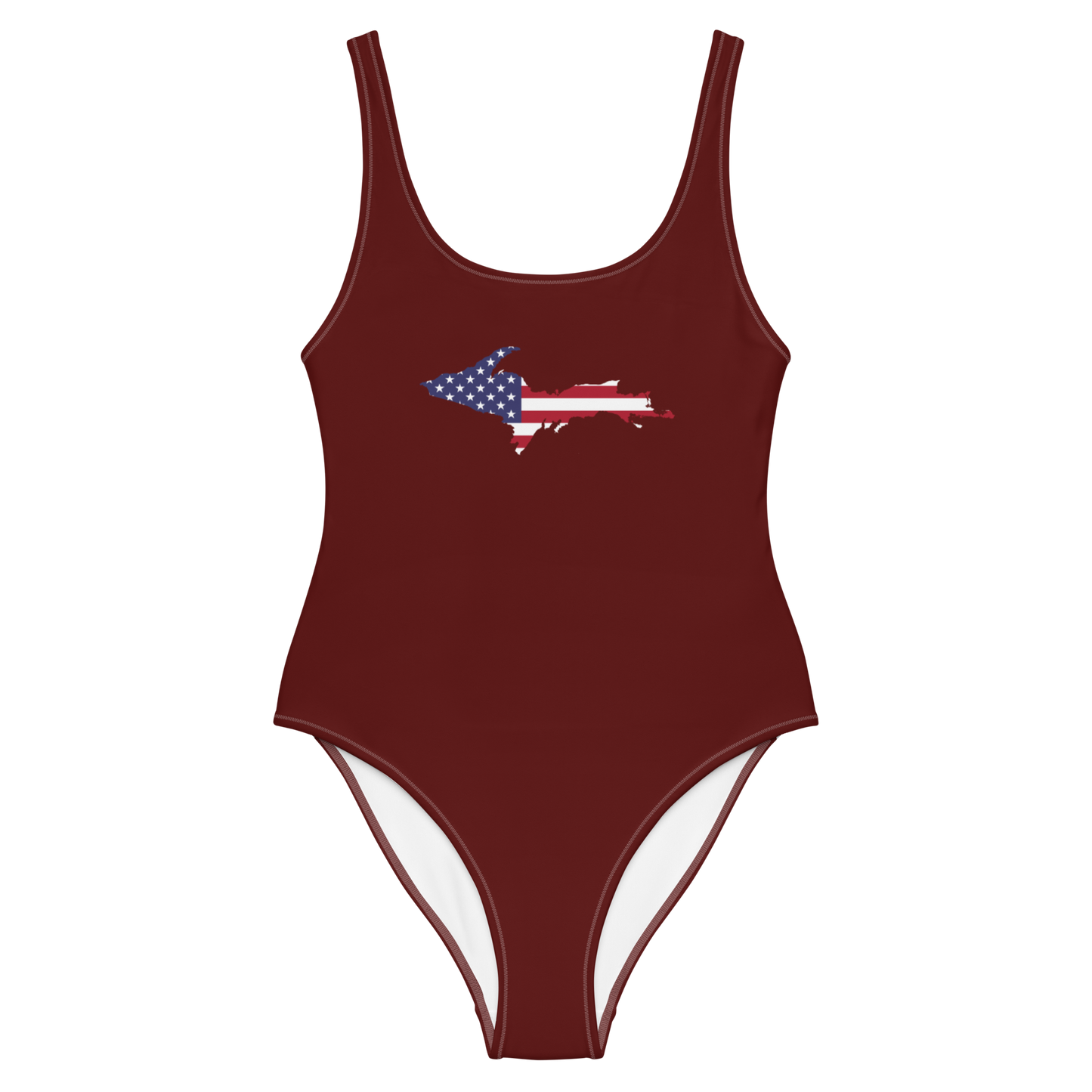 Michigan Upper Peninsula One-Piece Swimsuit (w/ UP USA Flag) | Cherrywood Color