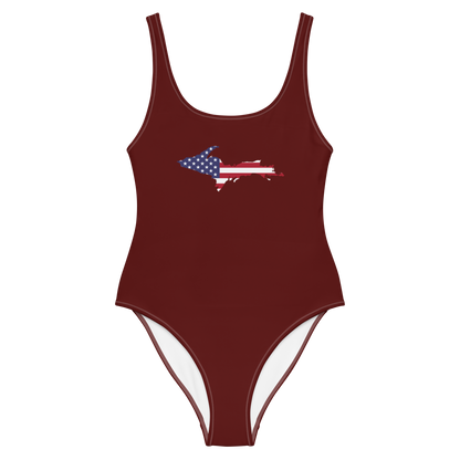 Michigan Upper Peninsula One-Piece Swimsuit (w/ UP USA Flag) | Cherrywood Color