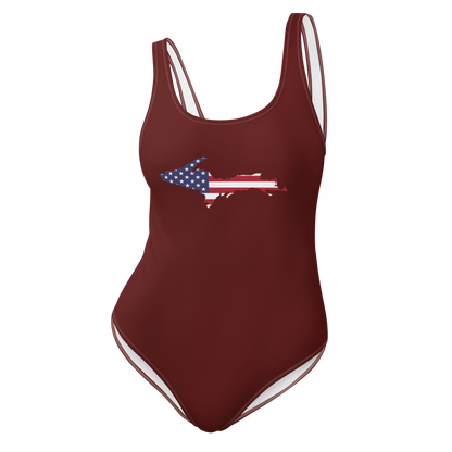 Michigan Upper Peninsula One-Piece Swimsuit (w/ UP USA Flag) | Cherrywood Color