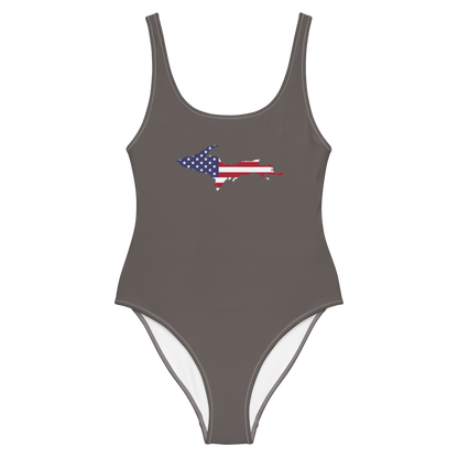 Michigan Upper Peninsula One-Piece Swimsuit (w/ UP USA Flag) | Warren Tank Grey